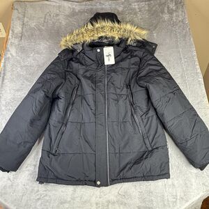 Wantdo Jacket Mens XL Black Hooded Puffer Parka Faux Fur Trim Winter Coat